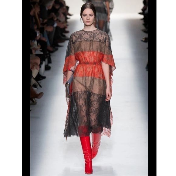 Valentino- Runway 2014 Multicolored Lace Sheer Cutout Cape Midi Dress - Picture 1 of 12